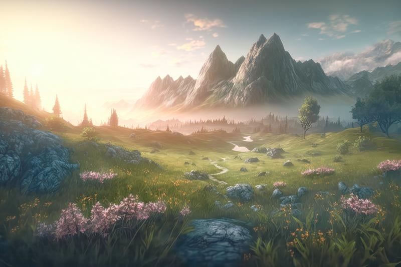 大自然の中の朝靄と草原の風景の写真