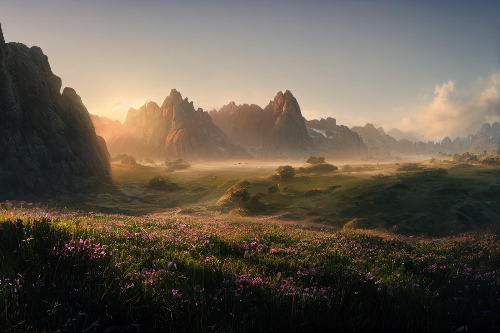 「朝靄と草花と朝焼けの静寂」の写真