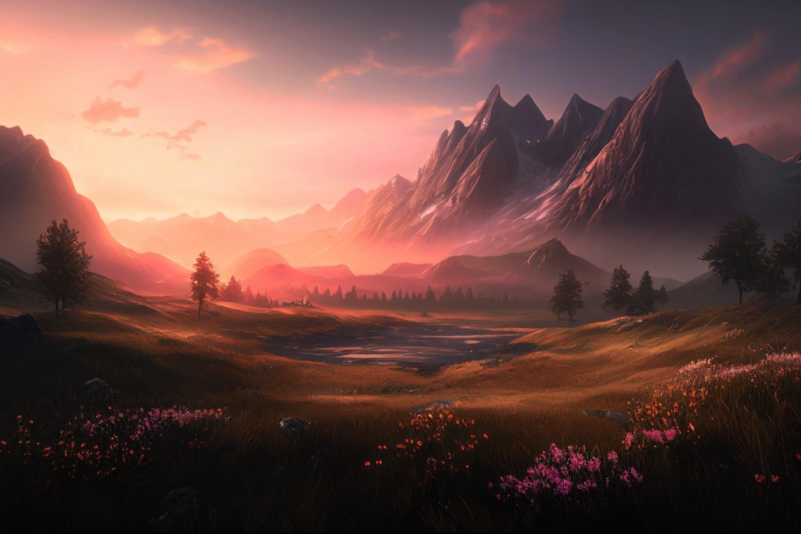 「自然と共生 夕日と草花の日没の麓」の写真