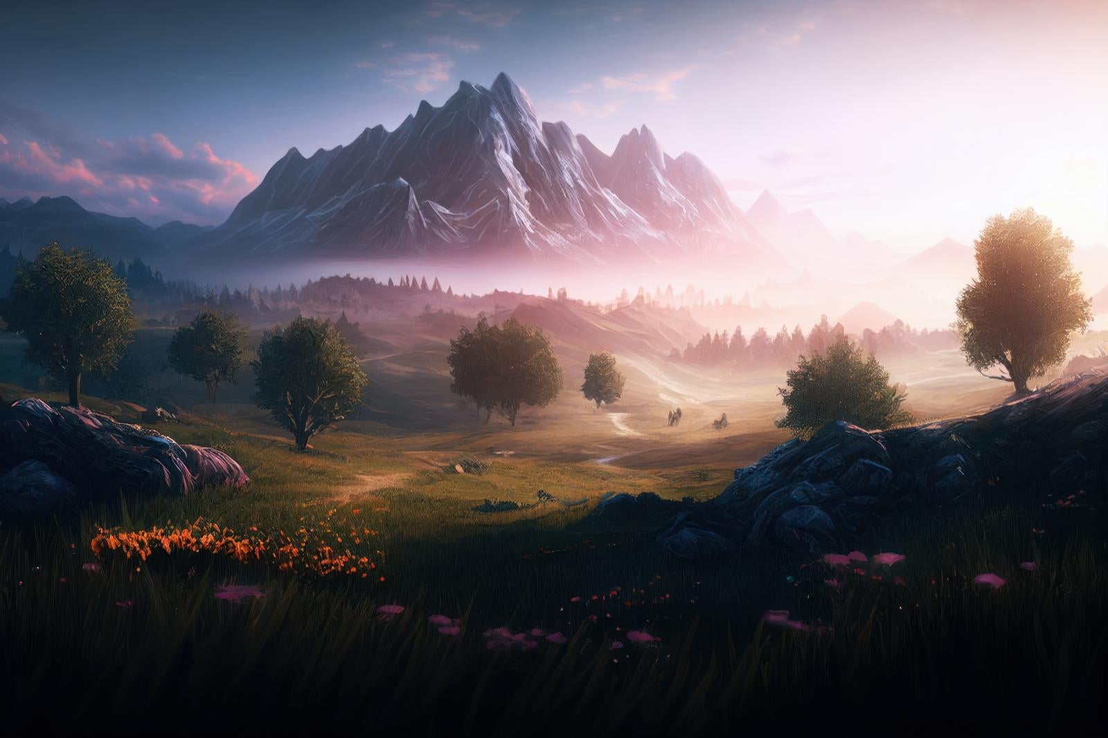 「朝靄と登山道 夜明けの麓から平地へ」の写真