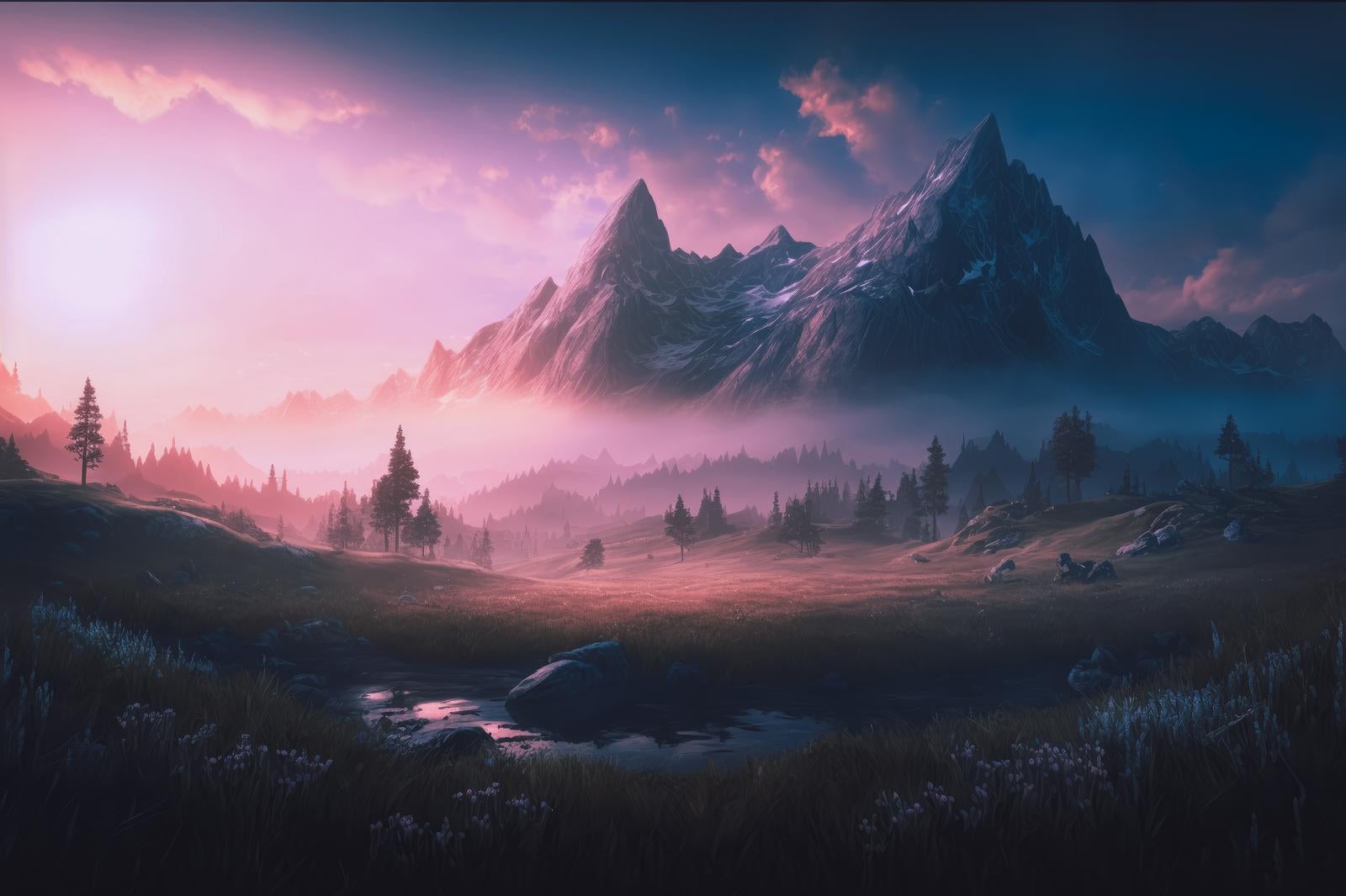 「朝靄の風景 赤く染まる平地と麓」の写真