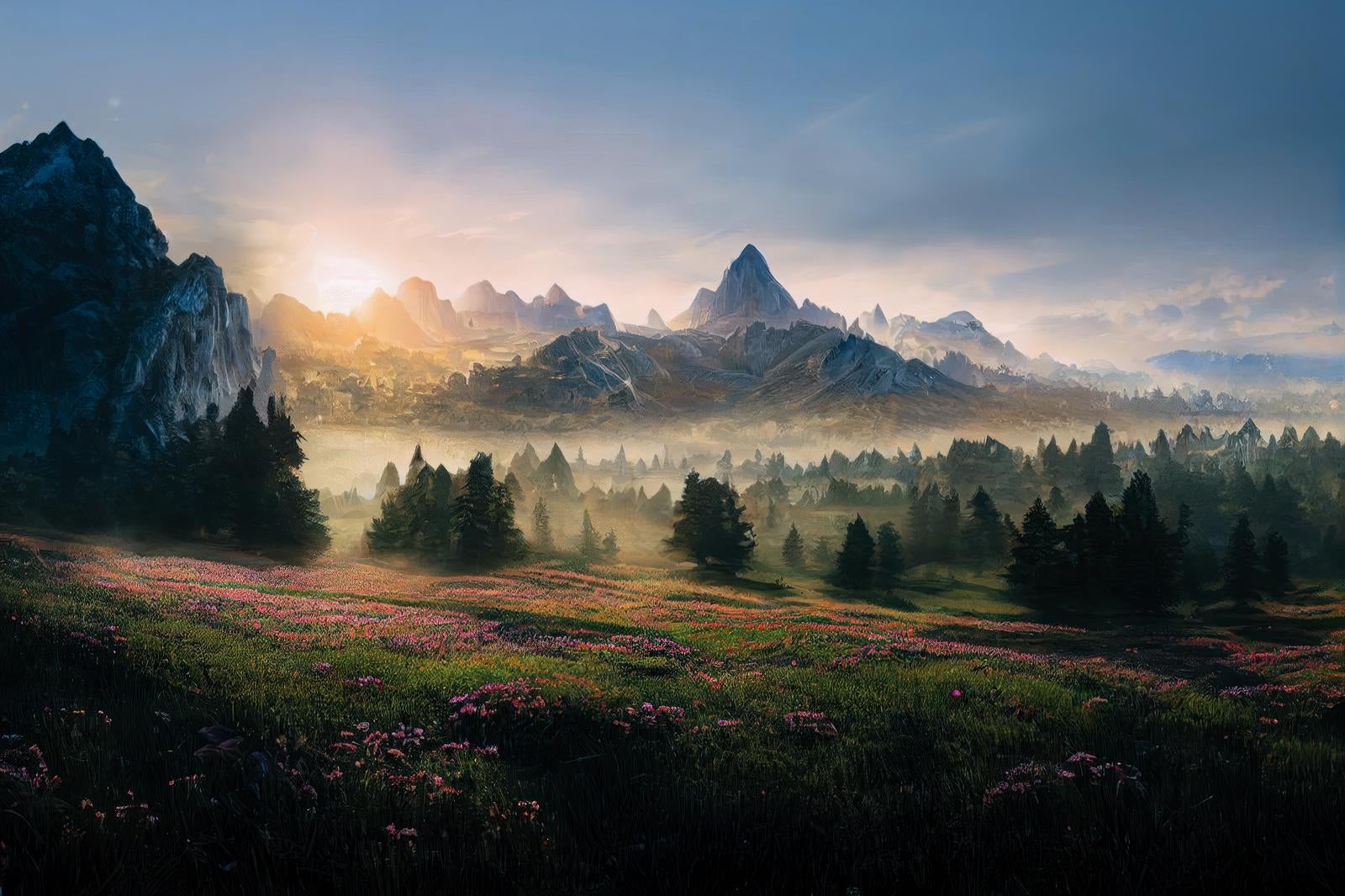 「朝焼けの高山植物 夜明けと朝靄の風景写真」の写真