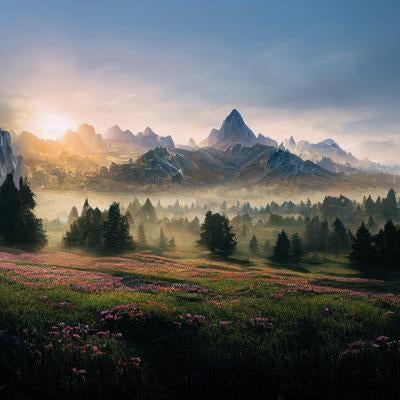 朝焼けの高山植物 夜明けと朝靄の風景写真の写真