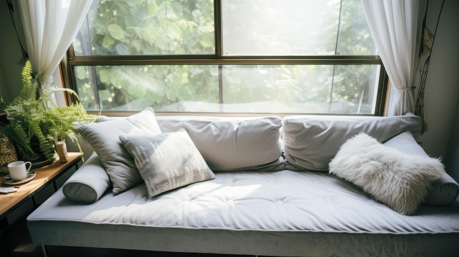 「窓際のグレーのソファー」の写真