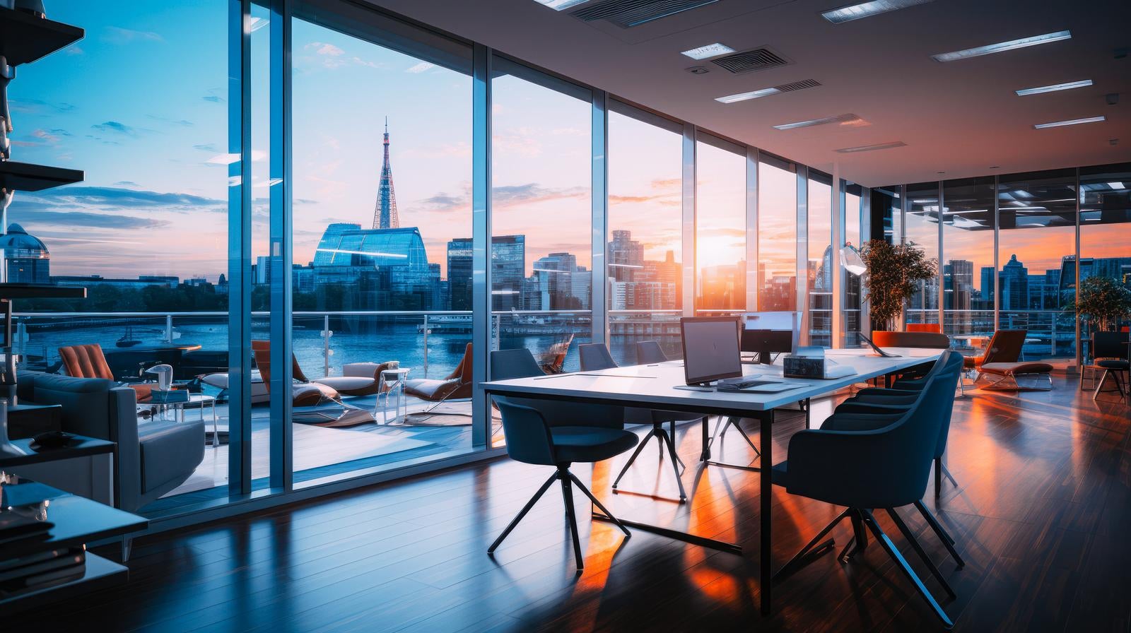 「日没間際の都市景観をオフィス内から眺める」の写真