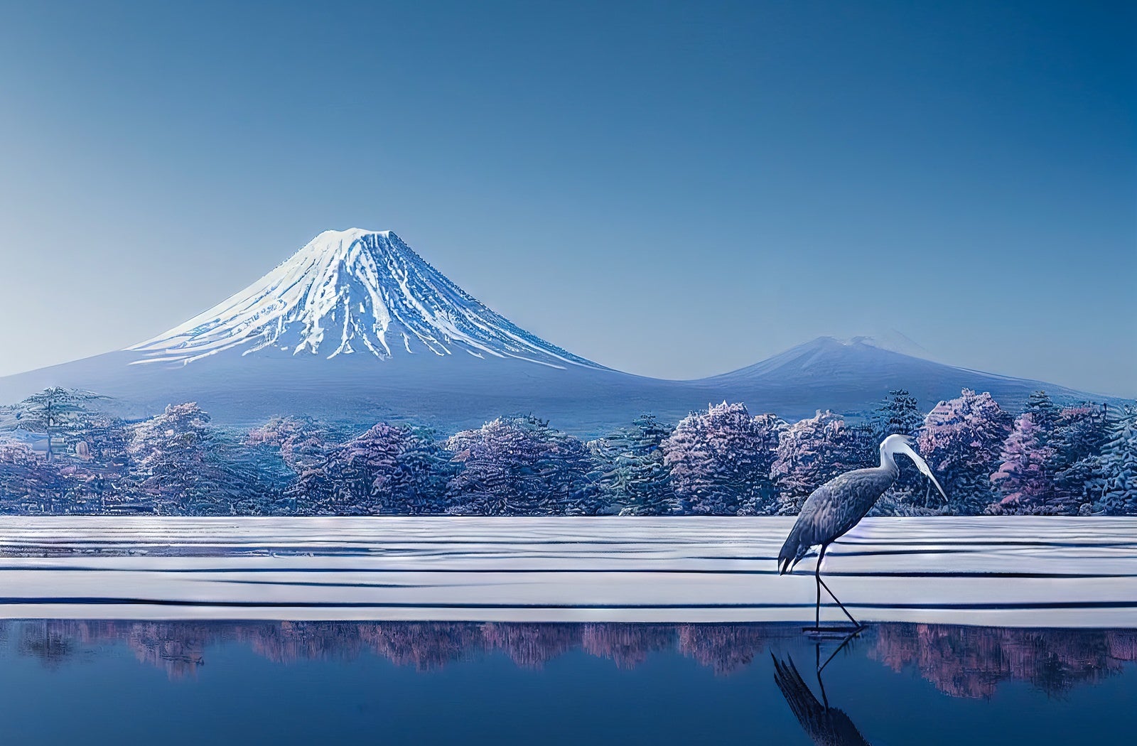 「凍った湖面を歩く鳥とそびえ立つ雪山」の写真
