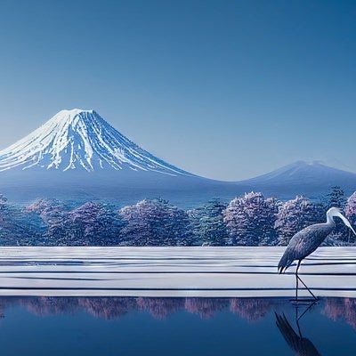 凍った湖面を歩く鳥とそびえ立つ雪山の写真