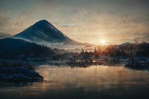 陽が昇る湖の写真