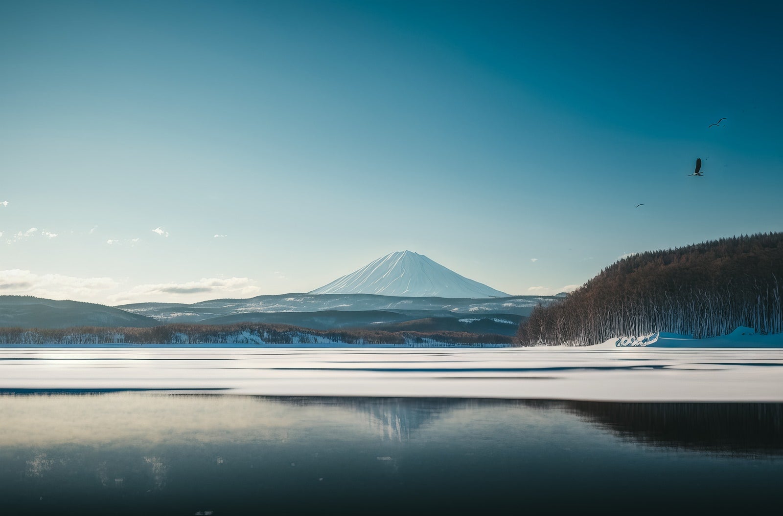 「冬の湖と渡り鳥」の写真