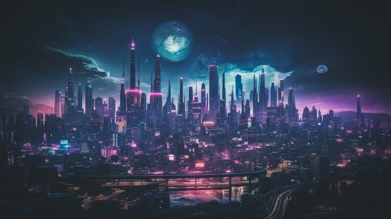 紫色の怪しい光が街を覆う近未来都市の写真