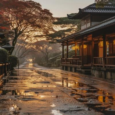 雨上がりの日本風の建物の写真