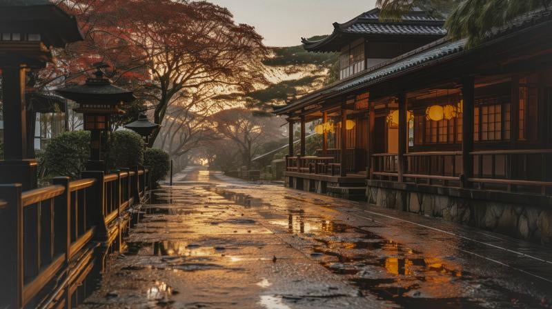 雨上がりの日本風の建物の写真