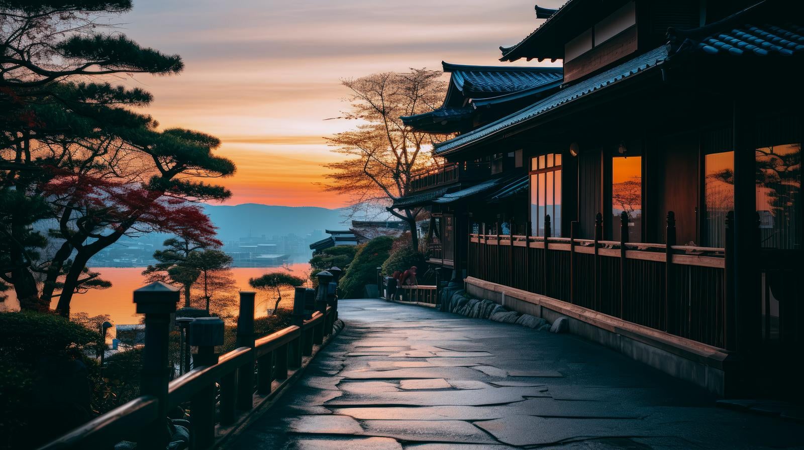 「夜明けと日本家屋風の建物」の写真