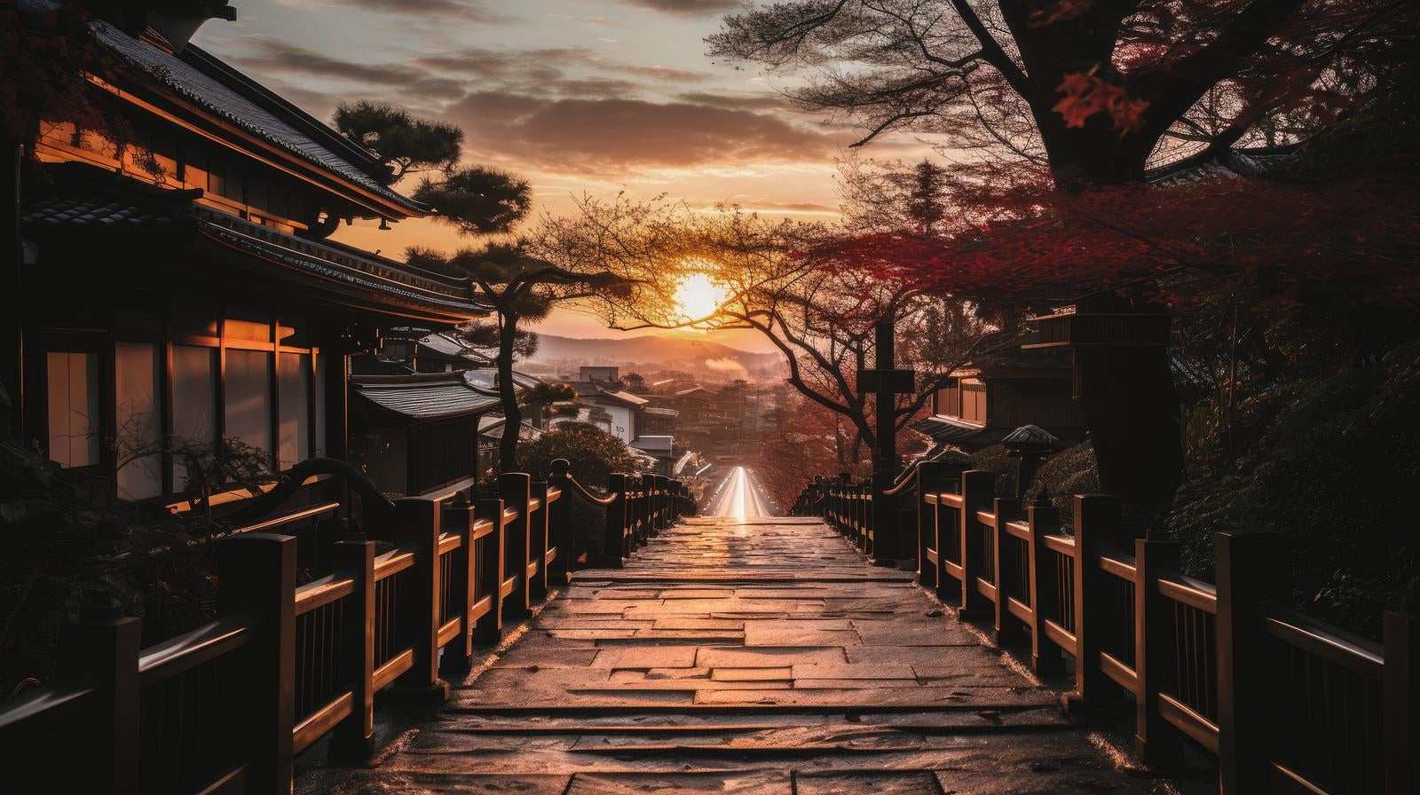「日本家屋と日が暮れる様子」の写真