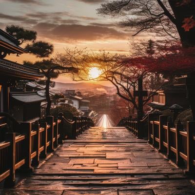 日本家屋と日が暮れる様子の写真
