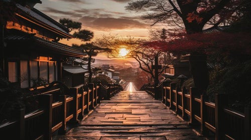 日本家屋と日が暮れる様子の写真