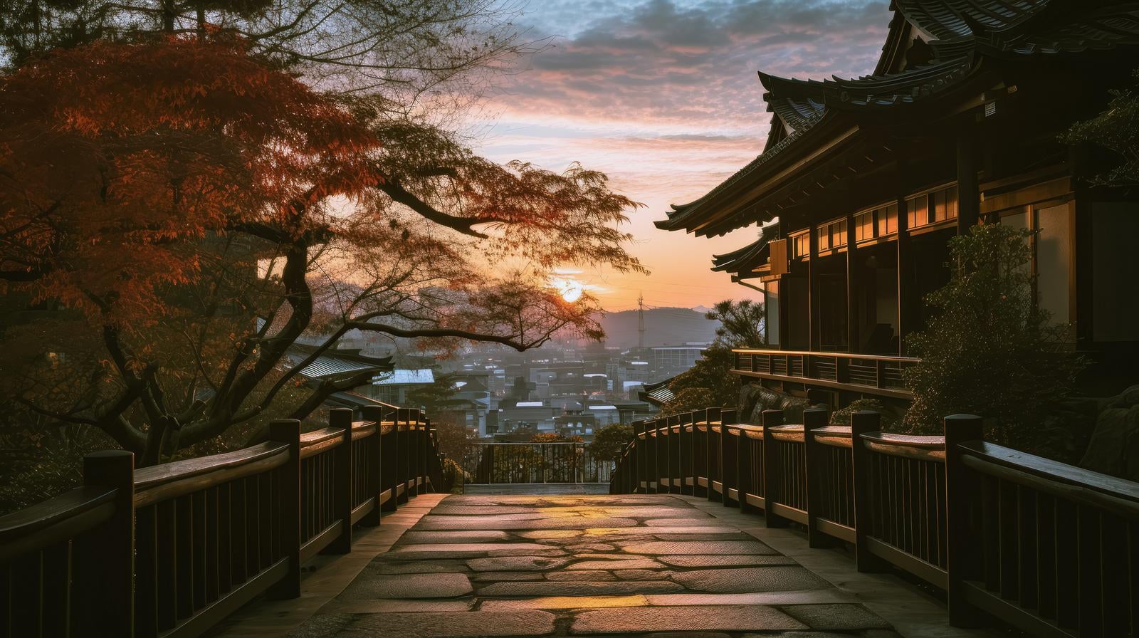 「丘上の日本家屋と夕暮れ」の写真