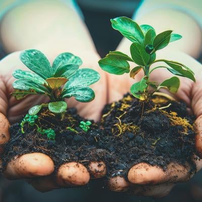 手のひらで育てる環境問題への取り組み：土から芽吹く苗の写真