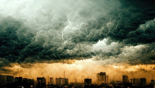 霞んだ街と雷雲の写真