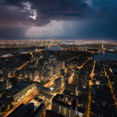 都会の空に響く落雷の写真