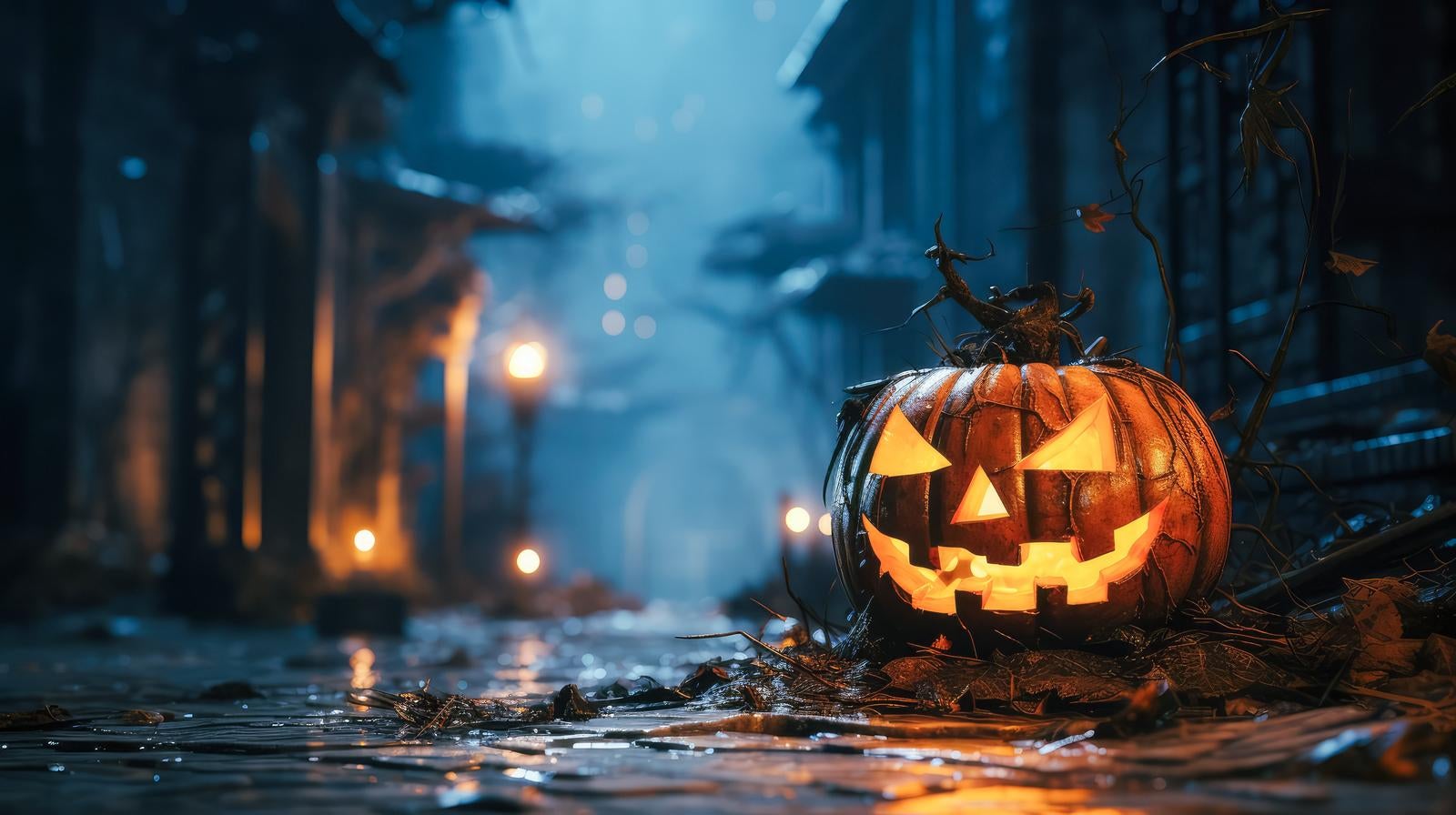 「お化け屋敷の秘密、ハロウィンの夜道を歩く」の写真