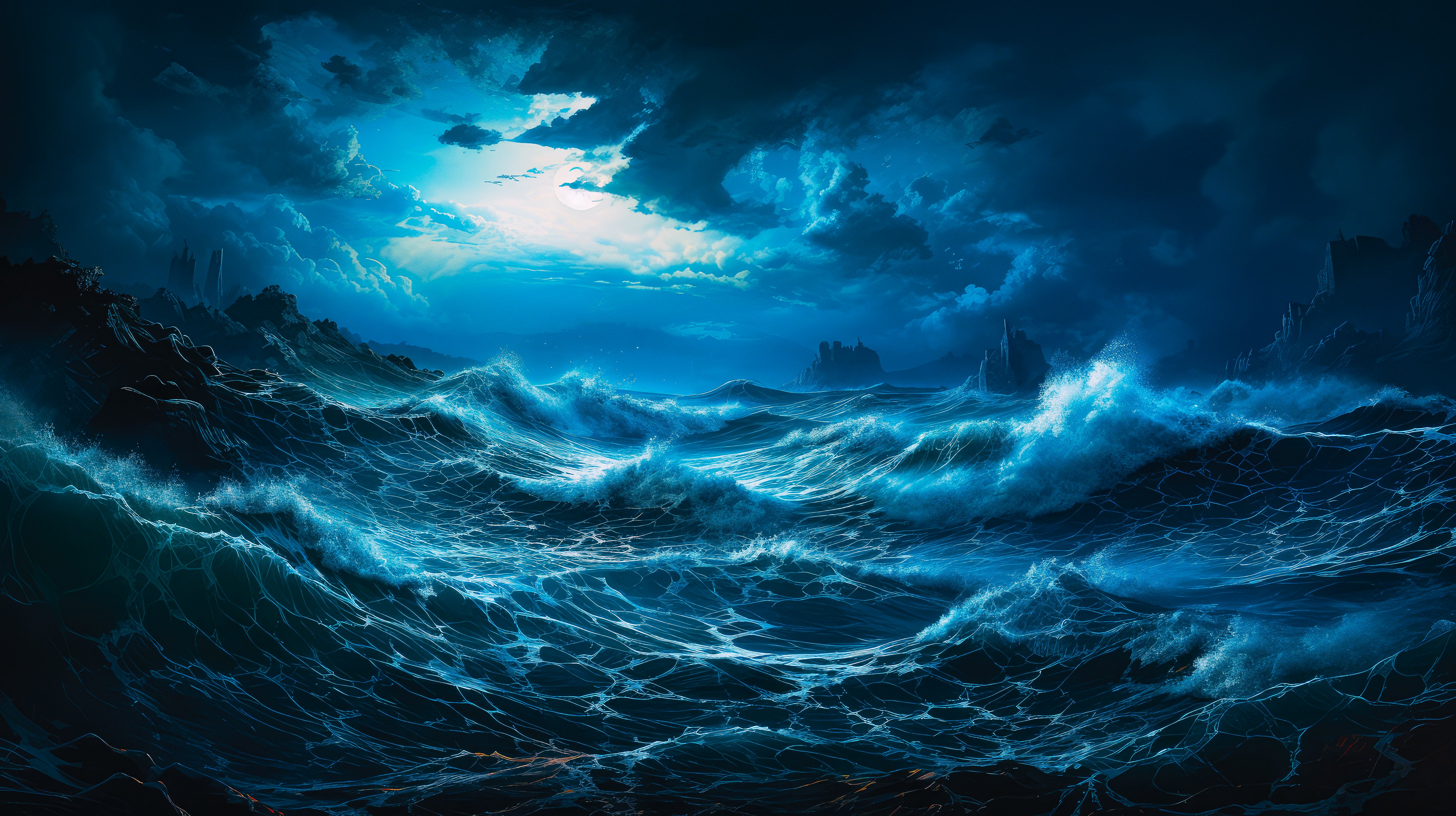 海と月夜の風景画 アールグラージュ A4 満月と夜の海 静けさと癒やしの