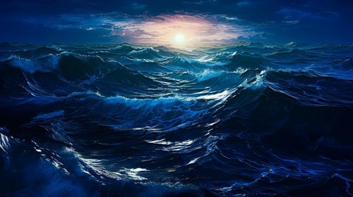 日没の海の大波と壮絶な美しさの写真