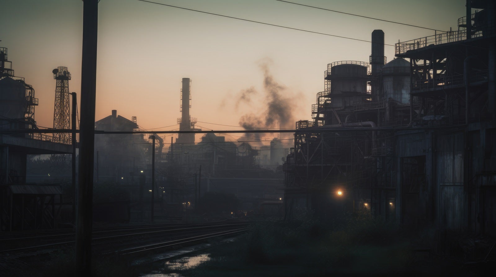 「古びた工場とPM2.5で空が霞む世界」の写真