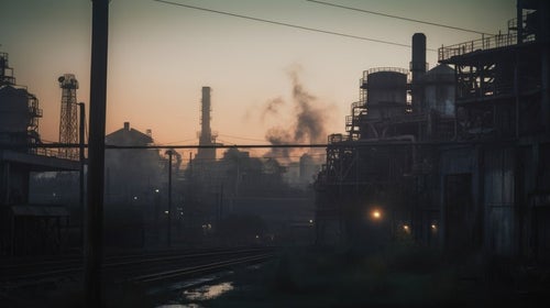 光化学スモッグによる大気汚染と工場群の写真