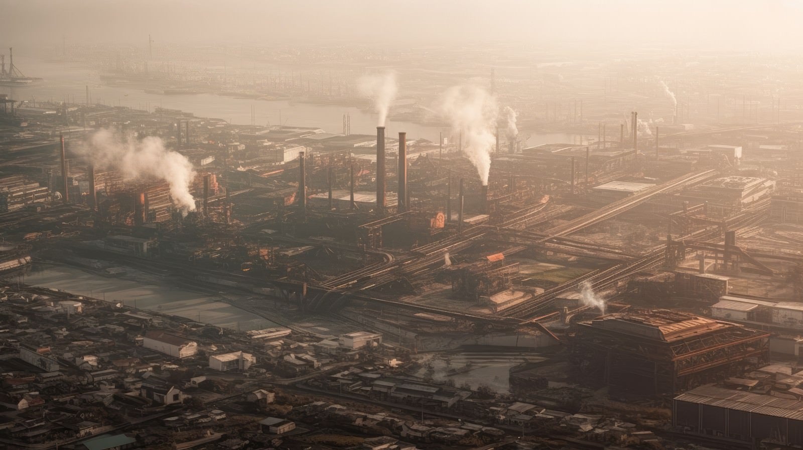 「光化学スモッグで大気汚染がすすむ工場地帯」の写真
