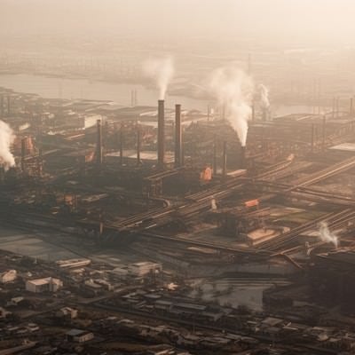 光化学スモッグで大気汚染がすすむ工場地帯の写真