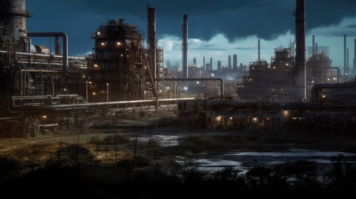 工場から流れる汚泥と大気汚染の写真