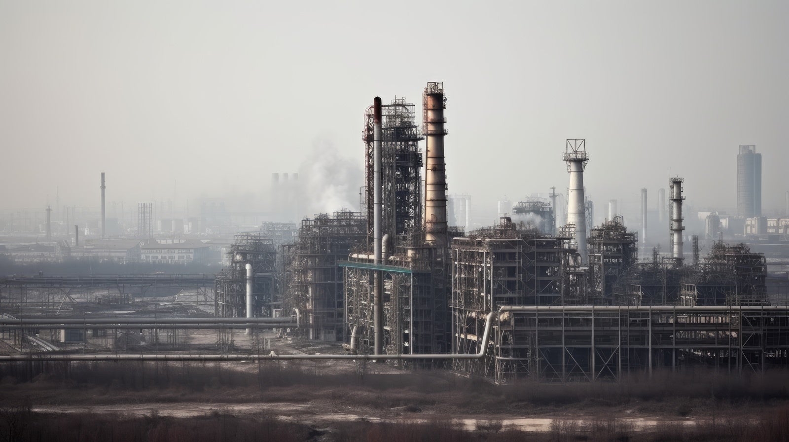 「大気汚染で淀む空の色と排気ガスを垂れ流す工場」の写真