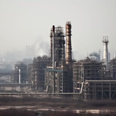 大気汚染で淀む空の色と排気ガスを垂れ流す工場の写真