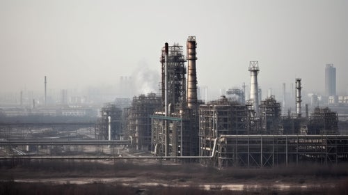 大気汚染で淀む空の色と排気ガスを垂れ流す工場の写真