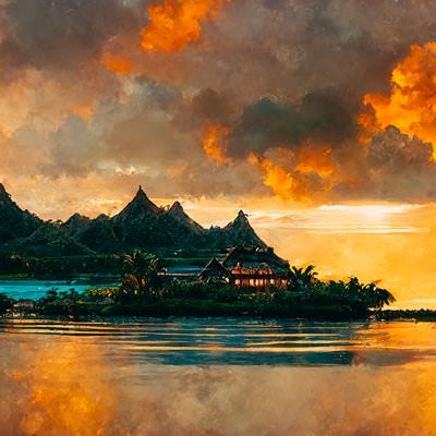 夕焼け空と南国の島の写真