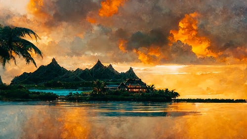 夕焼け空と南国の島の写真