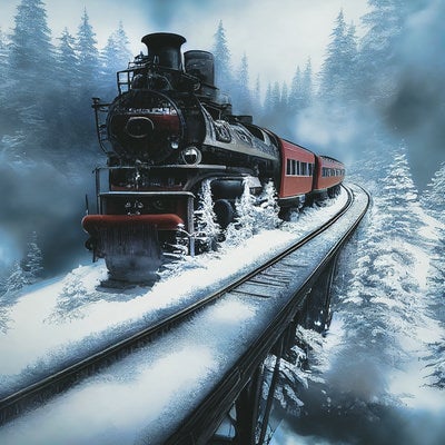 豪雪の森を進む機関車の写真