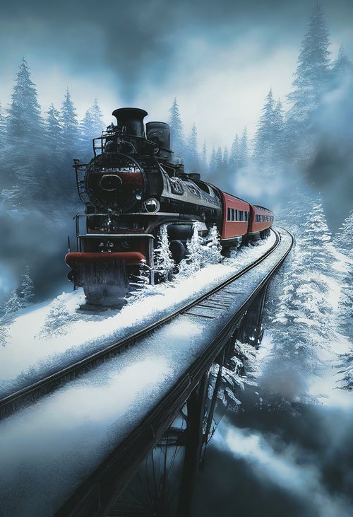 豪雪の森を進む機関車の写真