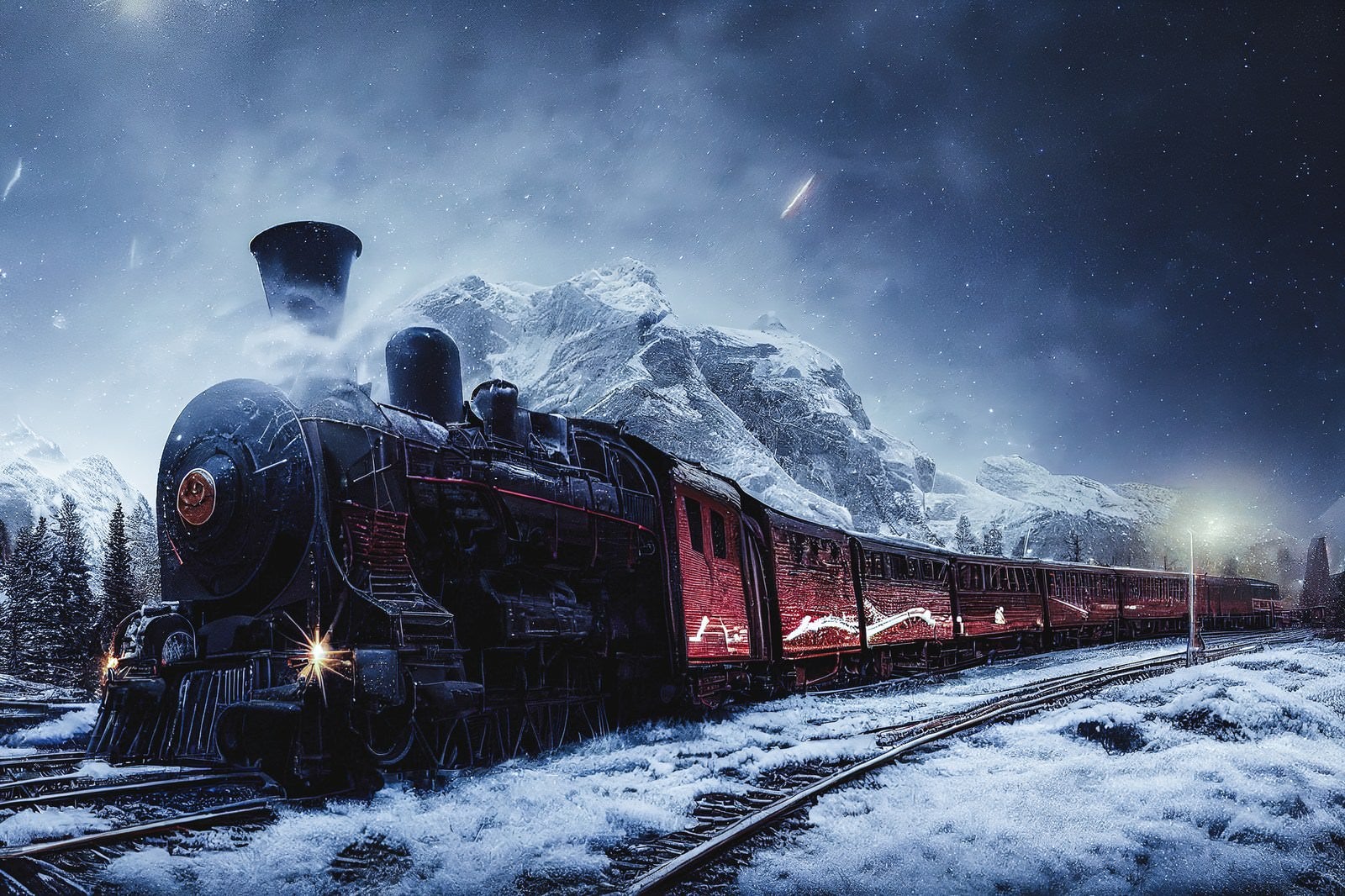 「吹雪の中を進む機関車」の写真