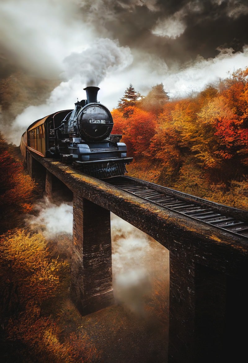 「紅葉する渓谷の中、走行する機関車」の写真