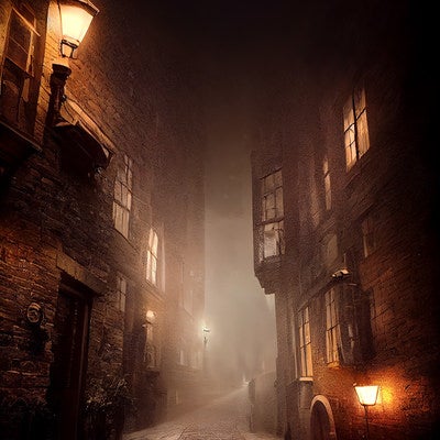 不気味なほど静かな夜のレンガ造りの街の写真