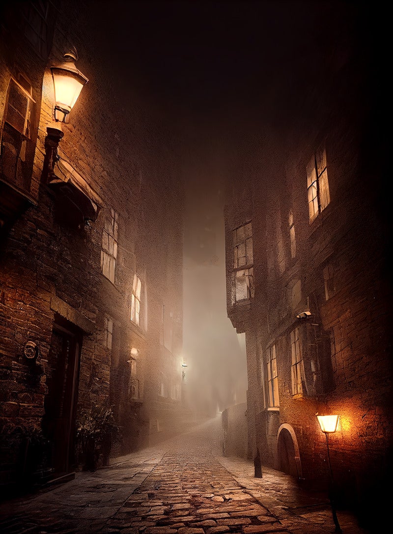 「不気味なほど静かな夜のレンガ造りの街」の写真