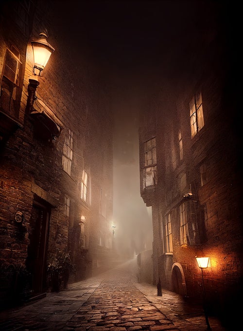 不気味なほど静かな夜のレンガ造りの街の写真