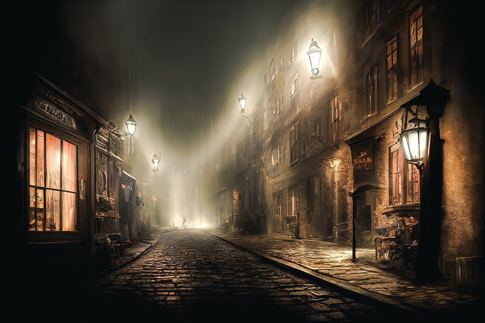 「濃霧を照らす外灯と街並み」の写真