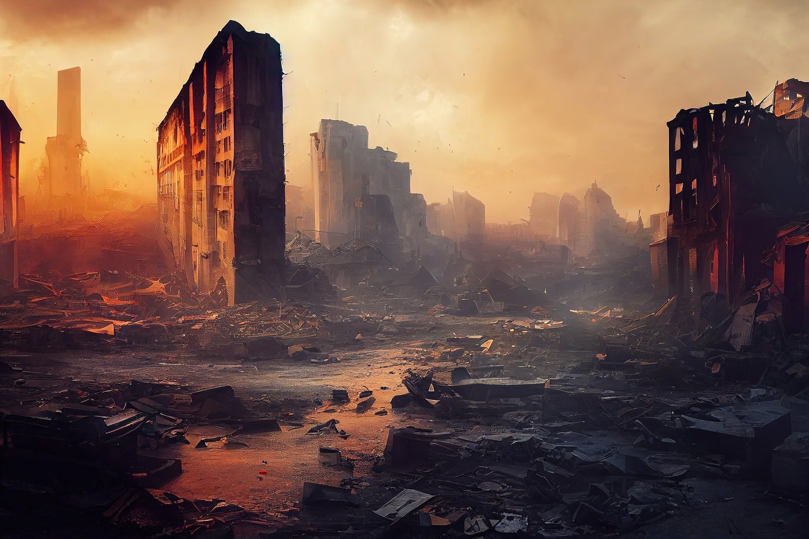 「荒廃した瓦礫の市街地」の写真