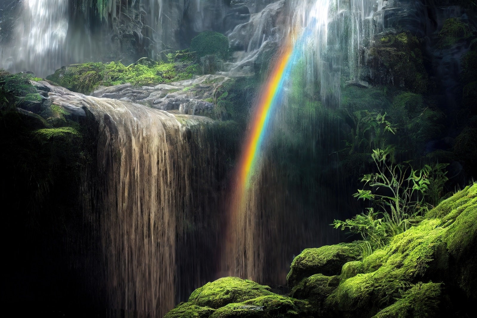 「流れ落ちる滝とレインボー」の写真