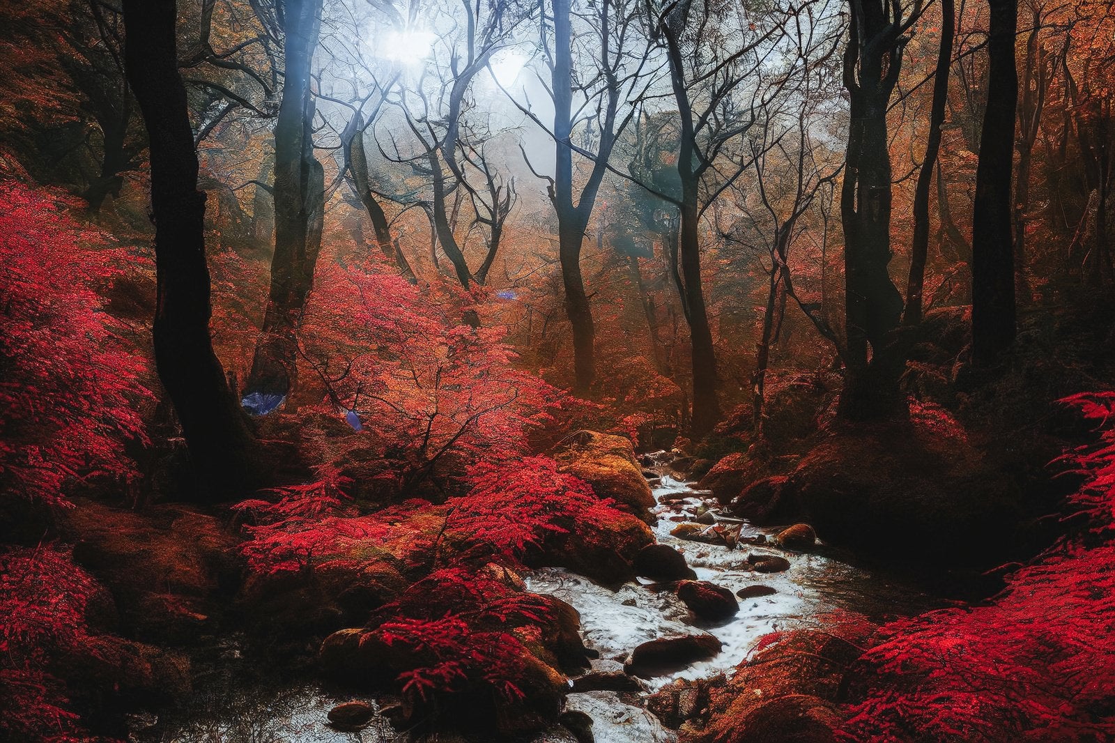 「紅葉した森と渓流」の写真