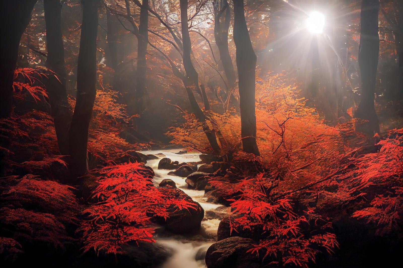 「光が差し込む紅葉と渓谷」の写真