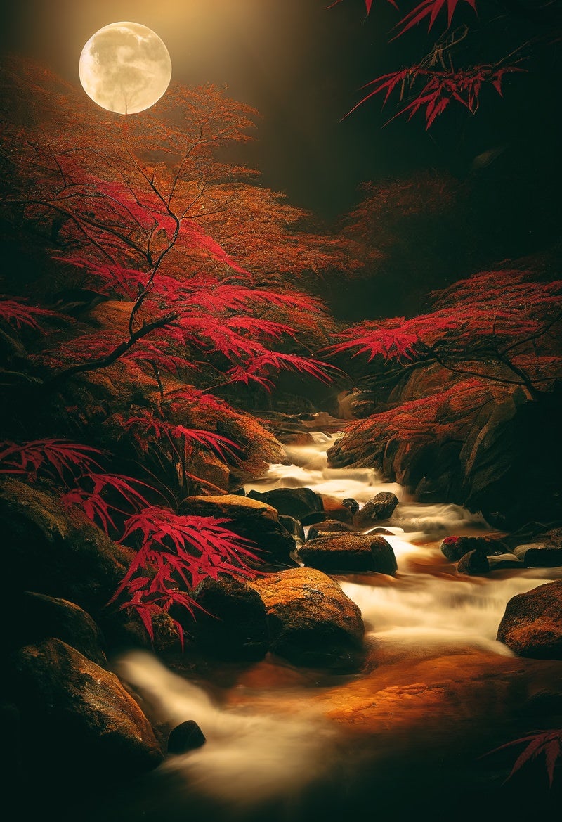 渓流沿いの赤紅葉と月明りの写真